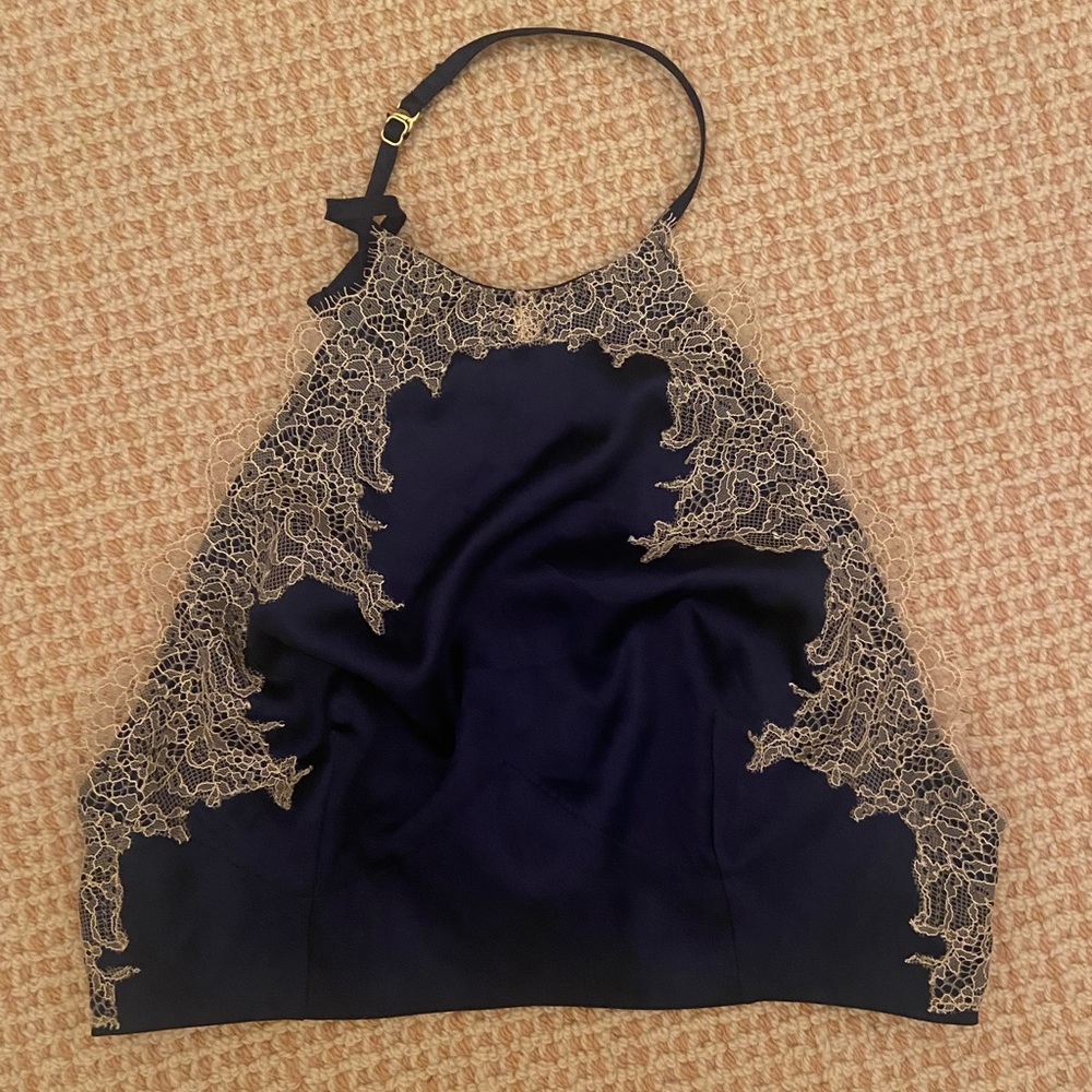 Brand New Victoria’s Secret Navy Satin and Lace Halter Crop Top Size Small